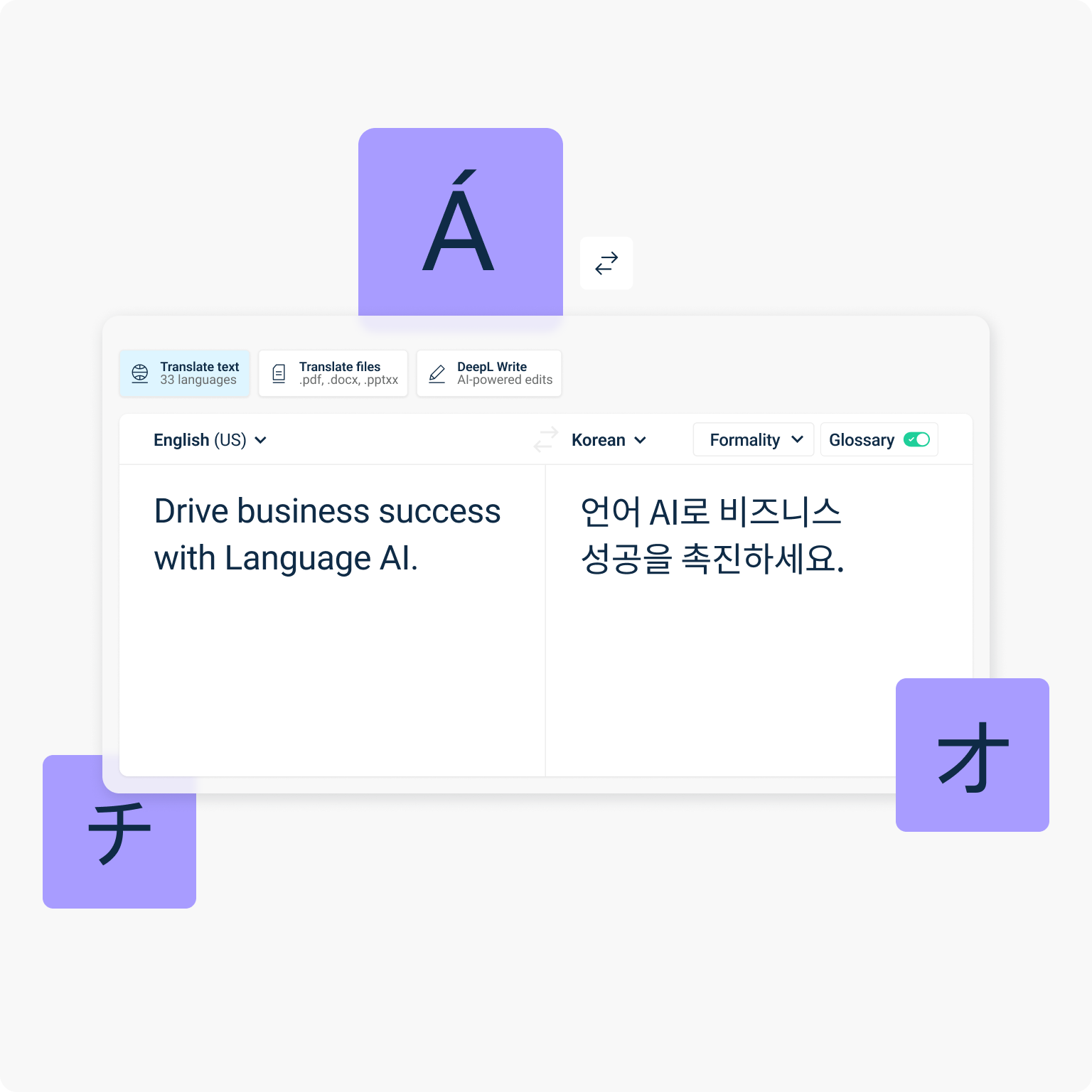Text reads "Drive business success with Language AI" alongside its translation in Korean. Purple language symbols are displayed around the text.
